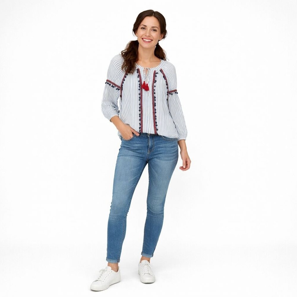 ZARA Trf Collection XS Striped Boho Blouse With Pom Poms & Tassels